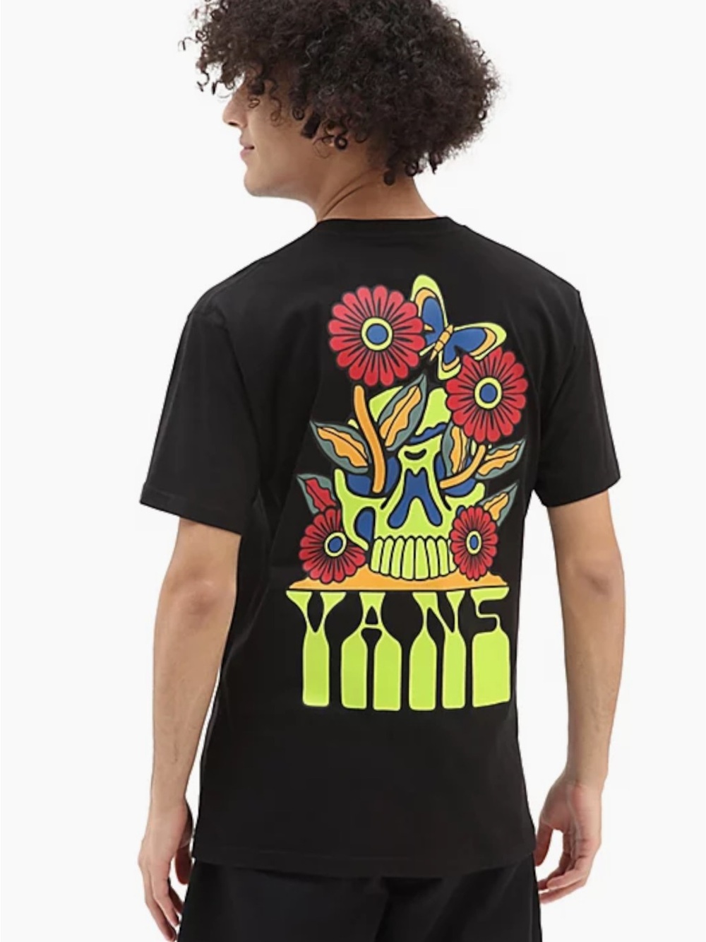 Vans Black Tee with Neon Skull & Floral Back Graphic